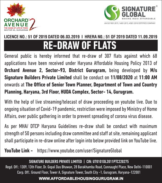 Signature Global Orchard Avenue 2 Sector 93 Gurgaon Draw Date