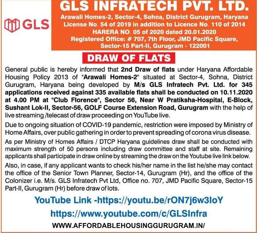 2nd Re-Draw Date GLS Arawali Homes 2 Sector 4 Sohna 10th November 2020