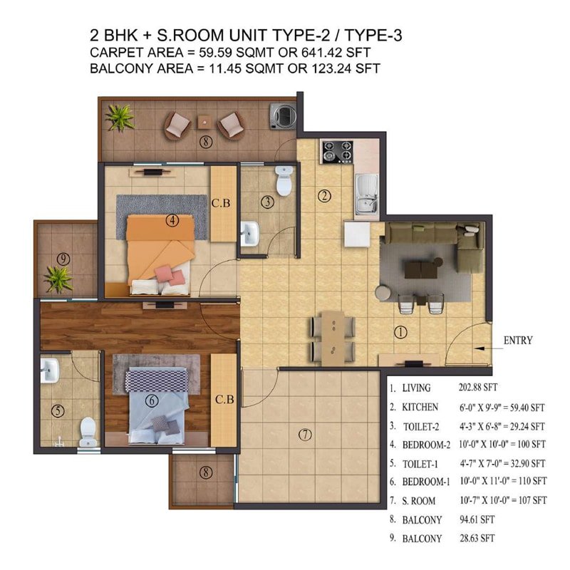 ROF Atulyas Floor Plan 2 BHK S.Room unit type 2 type 3