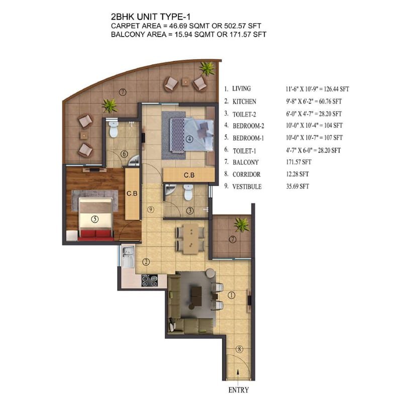ROF Atulyas Floor Plan 2 BHK Unit type 1