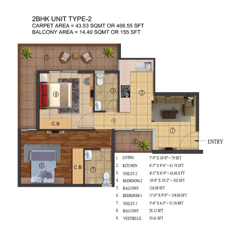 ROF Atulyas Floor Plan 2 BHK Unit type 2