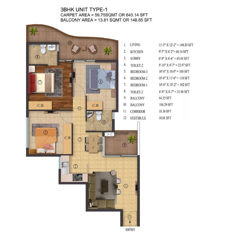 ROF Atulyas Floor Plan 3 BHK Unit type 1