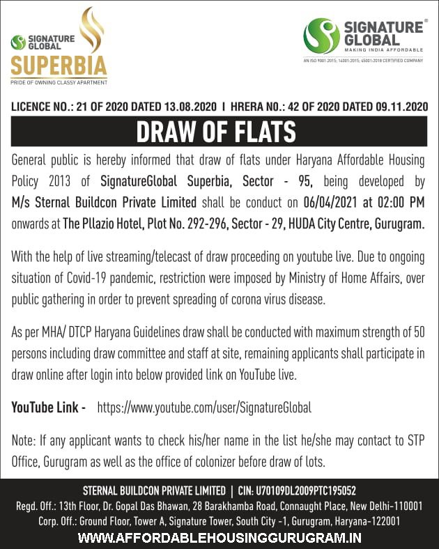 Draw Date Signature Global Superbia Sector 95 Gurgaon 6th April 2021