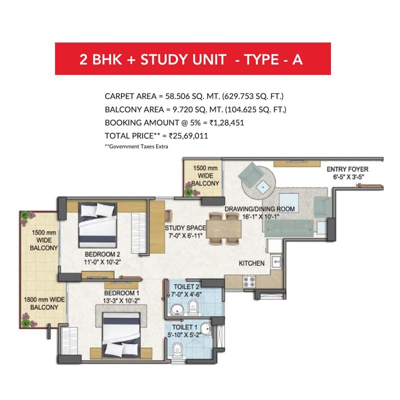 GLS-Avenue-81-Floor-Plan-2BHKStudy-Type-A