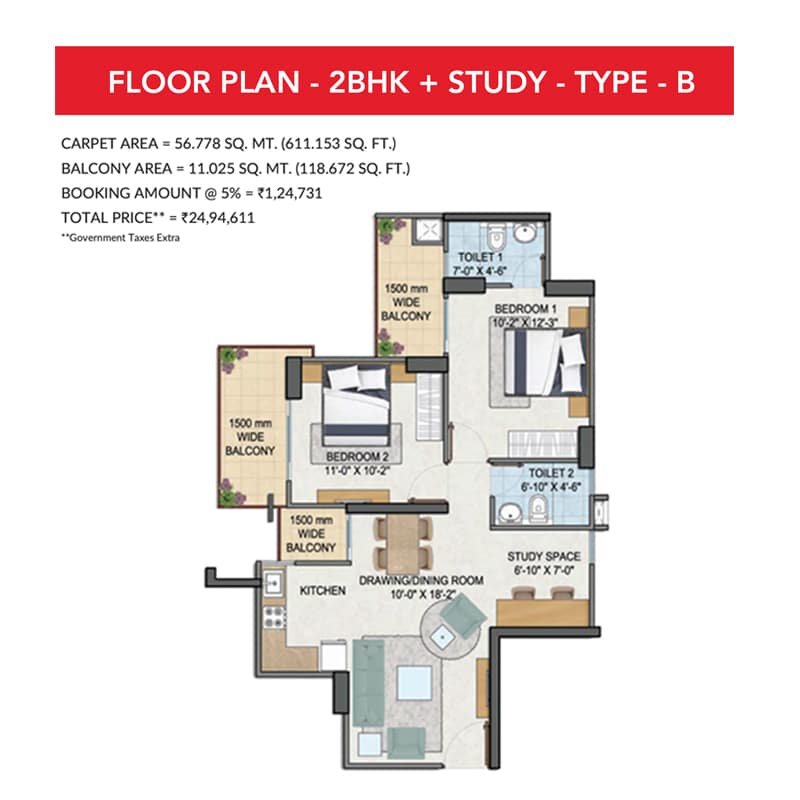 GLS-Avenue-81-Floor-Plan-2BHKStudy-Type-B