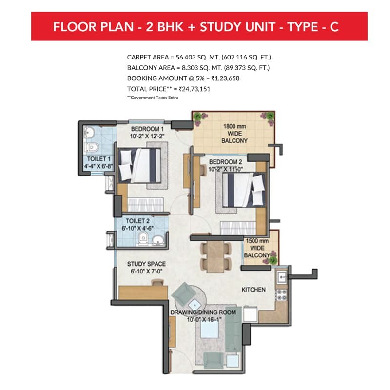 GLS-Avenue-81-Floor-Plan-2BHKStudy-Type-C