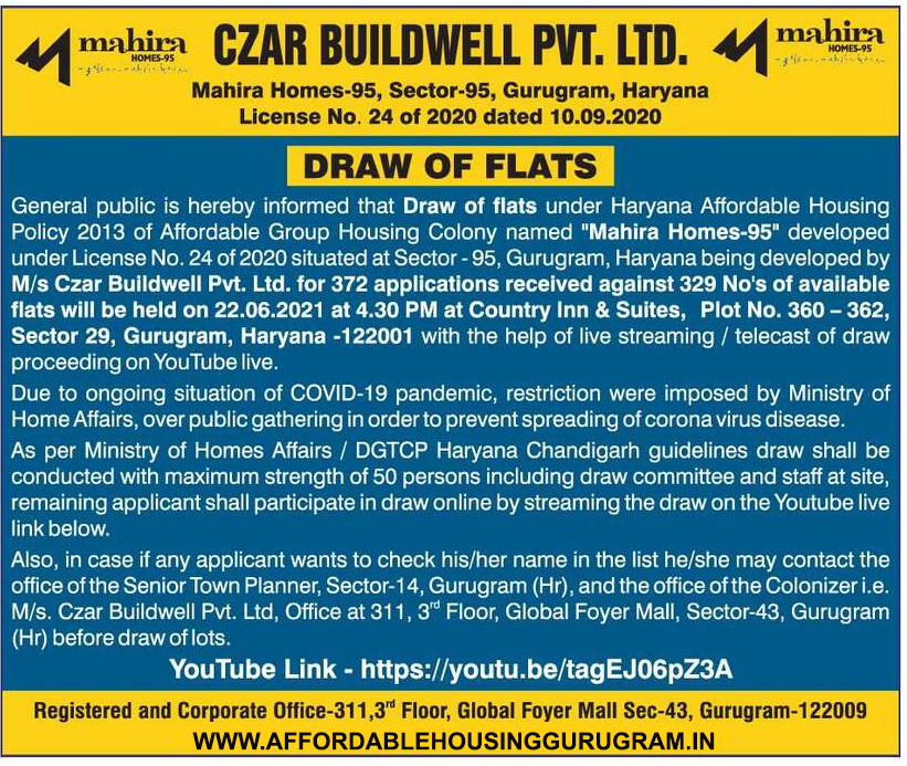 2nd Re-Draw Draw Mahira Homes 95 Gurgaon 22nd June 2021