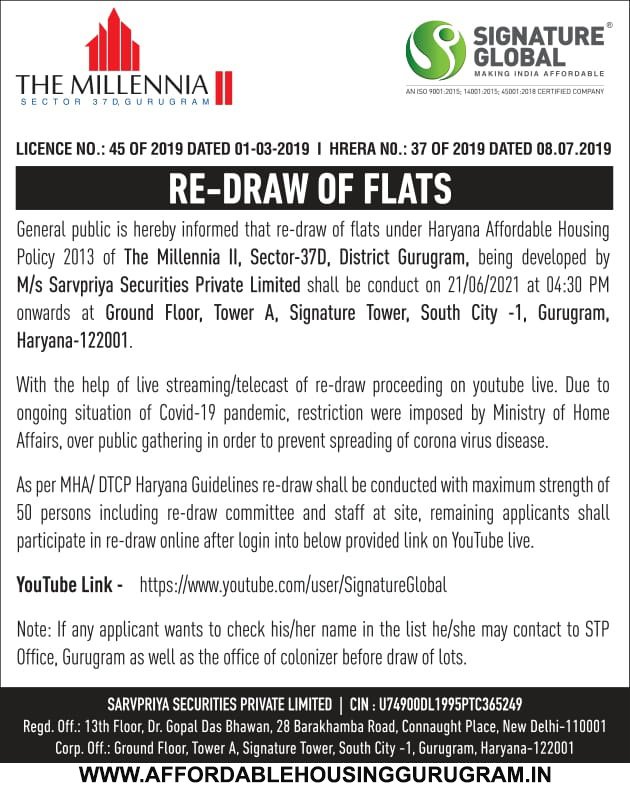2nd Re-Draw Draw date Signature Global The Millennia 2