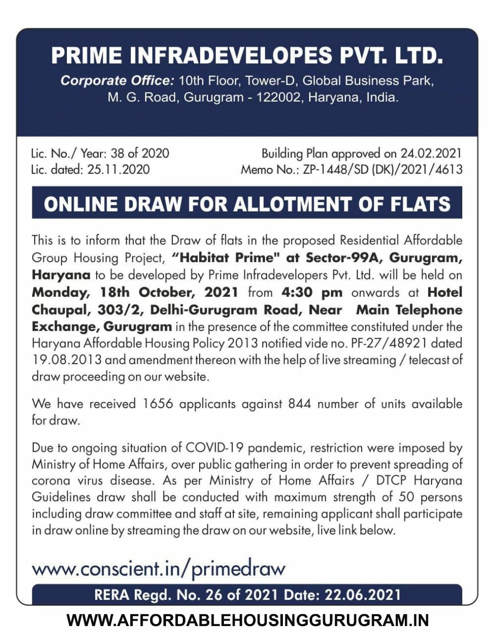 Draw Date Conscient Habitat Prime Gurgaon 18th October 2021