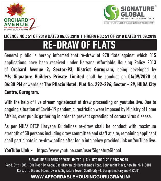 Signature Global Orchard Avenue 2 Sector 93 Gurgaon Draw Date