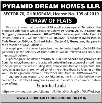 2nd Re-draw Date Pyramid Altia Sector 70 Gurgaon 13th October 2020