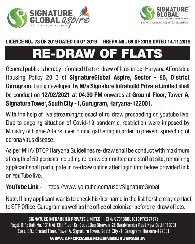 3rd Re-Draw Date Signature Global Aspire Sector 95 Gurgaon 12th February 2021