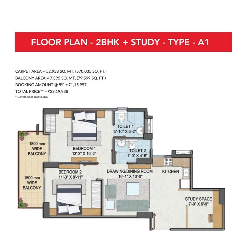 GLS-Avenue-81-Floor-Plan-2BHKStudy-Type-A1